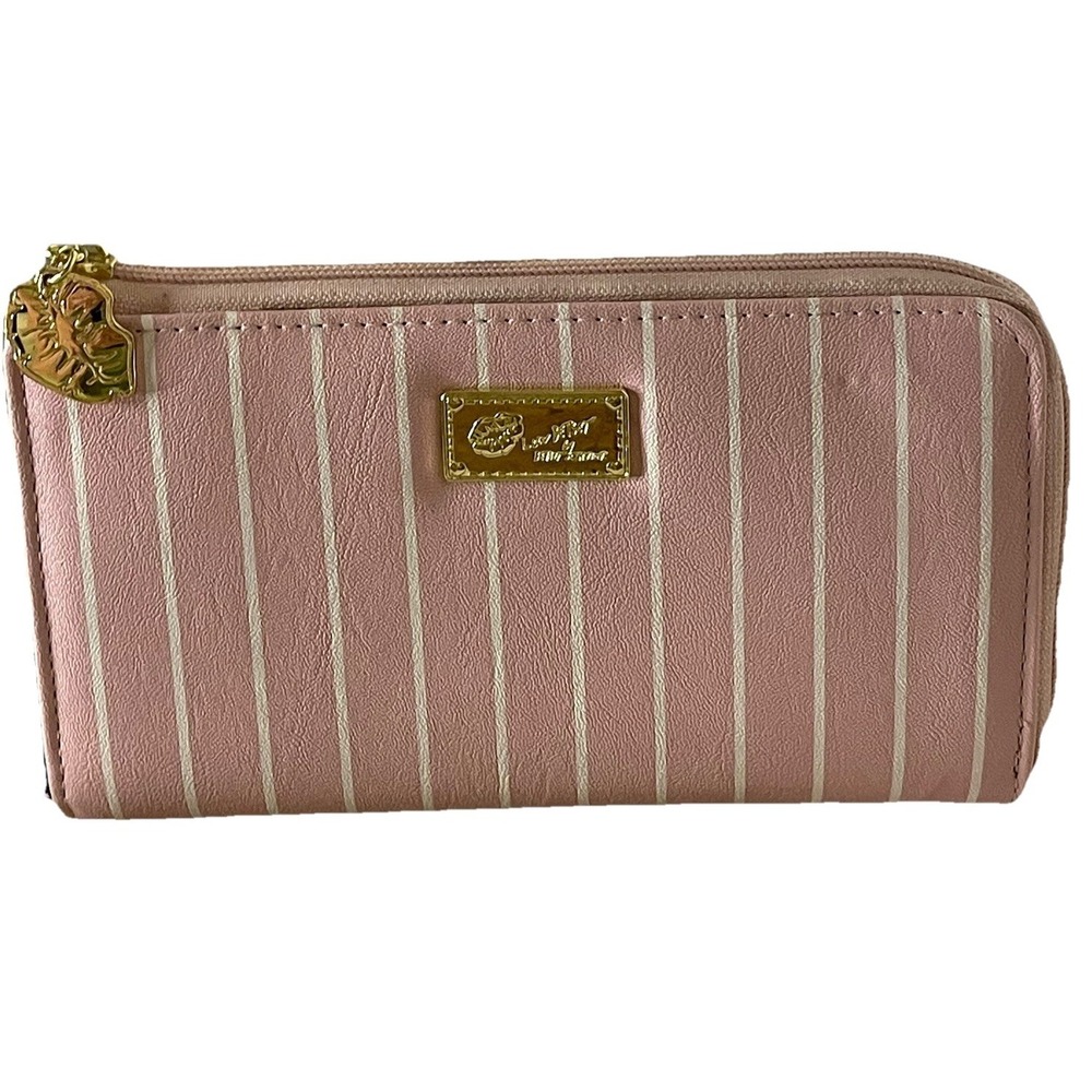 Betsey Johnson Pink Stripe Zip Around Wallet w Charm Faux Leather Large